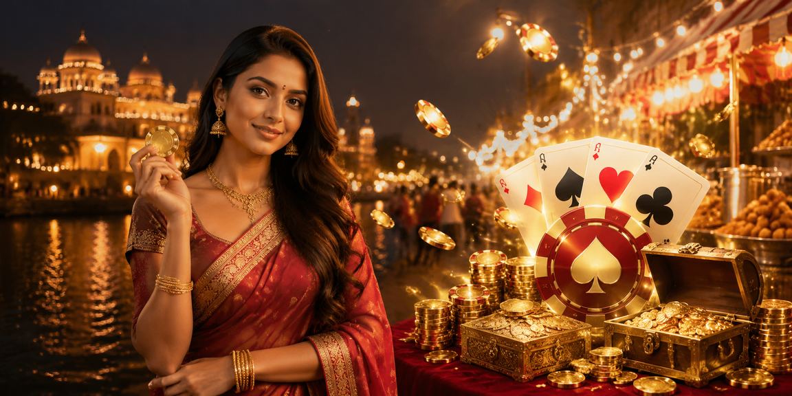 Indian teen playing cards in a red-gold lehenga