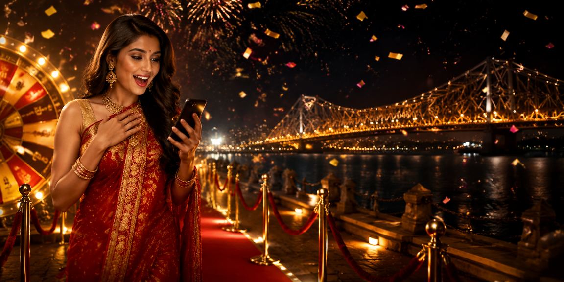 Evening view of Kolkata Howrah Bridge with roulette theme